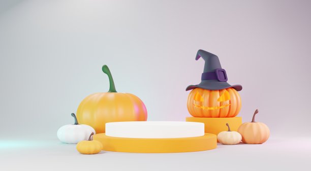 3d渲染，快乐万圣节的背景与平台的产品和夜景和可爱的幽灵般的设计。万圣节南瓜，骷髅，幽灵和蜘蛛装饰在深紫色的背景。图片下载