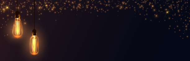 背景与暖光爱迪生灯泡和金色闪光。图片下载