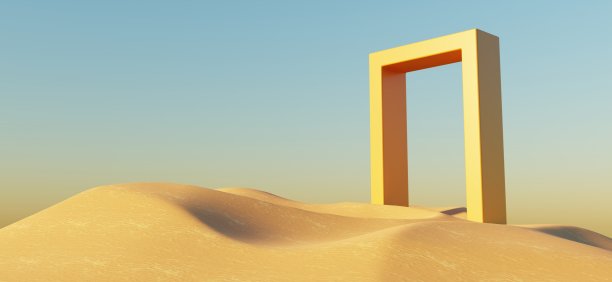 沙丘悬崖沙与金属拱形站立平台。超现实的沙漠自然景观背景。沙漠场景与光泽的金属拱门几何设计。3 d渲染。图片下载