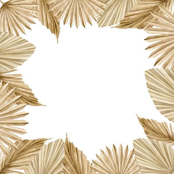 花的方形框架在波西米亚风格与干棕榈叶。水彩手绘插图与异国情调波西米亚热带植物贺卡或邀请模板在孤立的背景图片下载