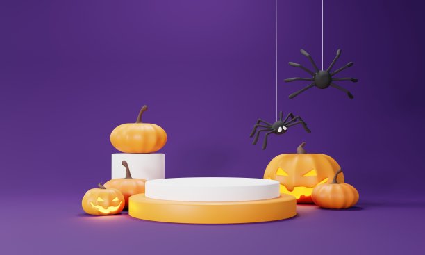 3d渲染，快乐万圣节的背景与平台的产品和夜景和可爱的幽灵般的设计。万圣节南瓜，骷髅，幽灵和蜘蛛装饰在深紫色的背景。图片下载