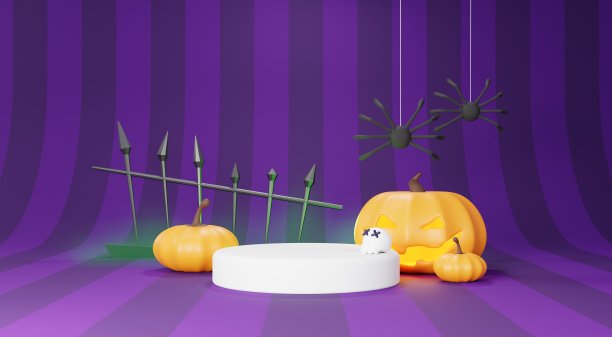 3d渲染，快乐万圣节的背景与平台的产品和夜景和可爱的幽灵般的设计。万圣节南瓜，骷髅，幽灵和蜘蛛装饰在深紫色的背景。图片下载