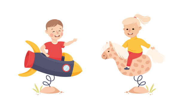 微笑的女孩和男孩在火箭和骑马玩和有乐趣的向量集图片下载
