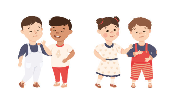 小朋友支持和安慰悲伤的朋友矢量插图集图片下载