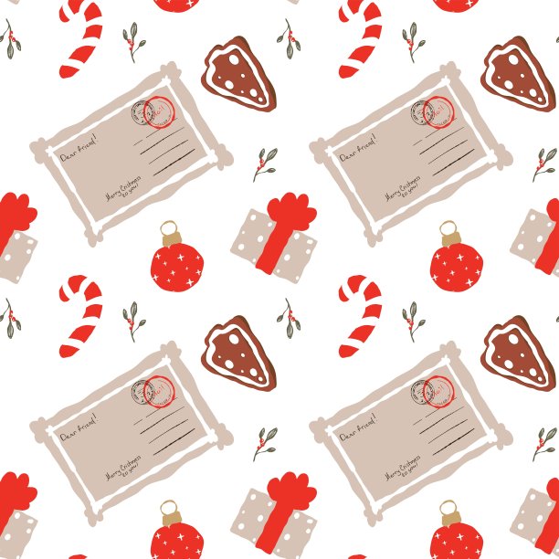 无缝的新年图案。用于在织物和包装纸上印刷。节日的背景。礼物。圣诞贺卡，焦糖棒，姜肝图片下载