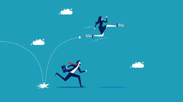 以跳跃式增长超过竞争对手。女商人用弹簧跑得远，胜过竞争对手图片下载