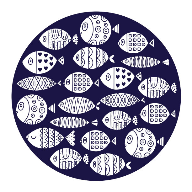 可爱的复古卡通插画与蓝色的鱼在白色的背景。图片下载