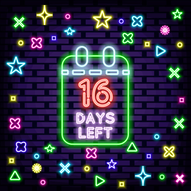 剩下16天霓虹灯招牌。霓虹灯脚本。夜晚明亮的广告。图片下载
