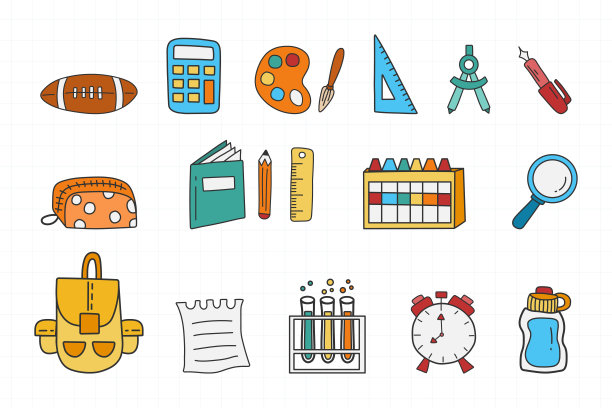 一组返回学校的图标孤立在白色网格背景。矢量图标中有许多关于教育器材和学校的主题。图片下载