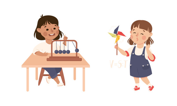 小女孩用风车和平衡轮矢量组做物理科学实验图片下载