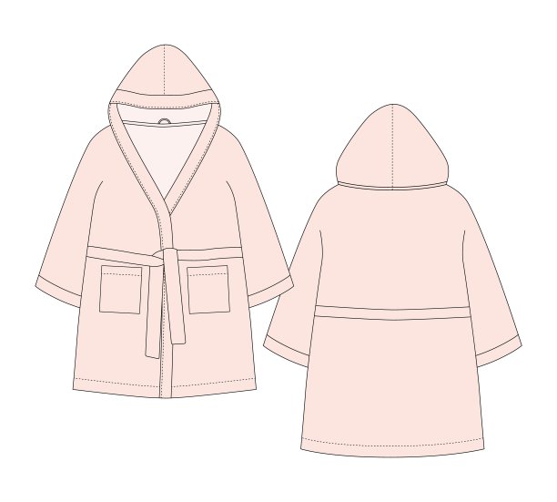 浴袍技术草图。浅桃红色。带兜帽的浴袍，有口袋和腰带。图片下载