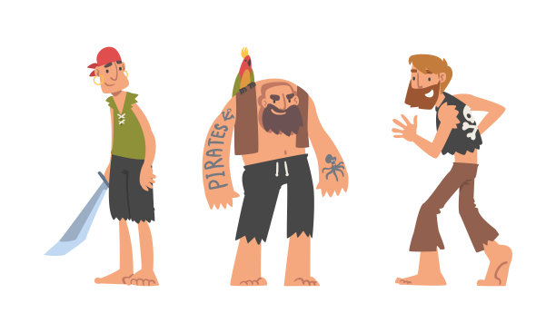 野蛮人海盗或海盗角色与军刀和鹦鹉作为海洋强盗向量集图片下载