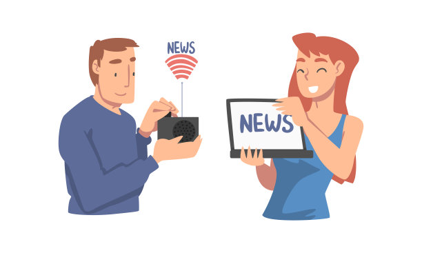 男人和女人字符收集新闻从电台和互联网与笔记本电脑向量集图片下载