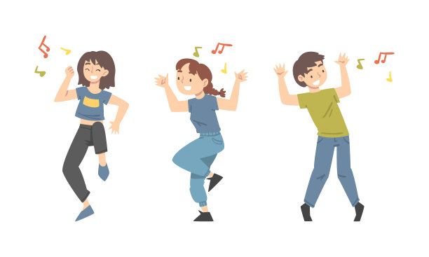 积极的年轻男人和女人跳舞移动的手和腿到音乐节奏矢量集图片下载