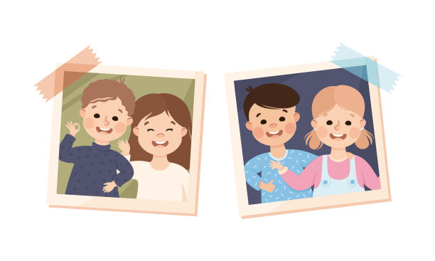 照片卡或快照与快乐微笑的孩子粘在墙上向量集图片下载