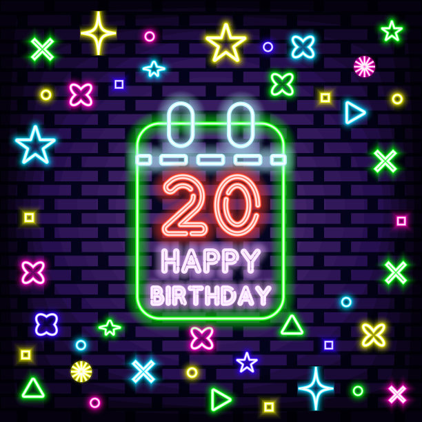 20岁生日快乐20岁的霓虹标志矢量。闪烁着五颜六色的霓虹灯。宣布霓虹招牌。图片下载