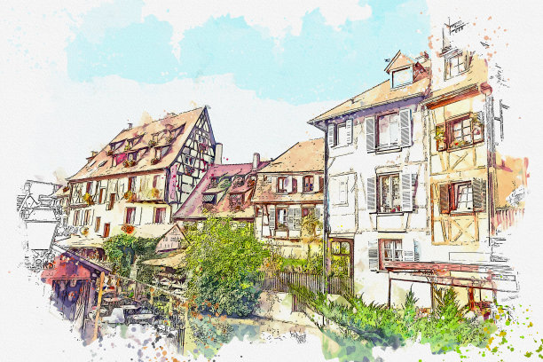 法国阿尔萨斯美丽的科尔马村水彩画街景。图片下载