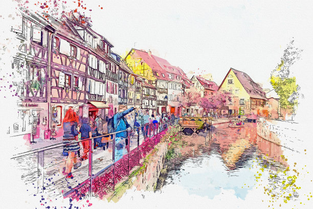 法国阿尔萨斯美丽的科尔马村水彩画街景。图片下载