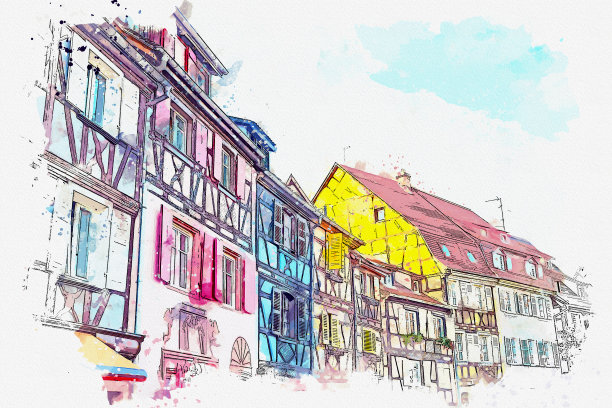 法国阿尔萨斯美丽的科尔马村水彩画街景。图片下载