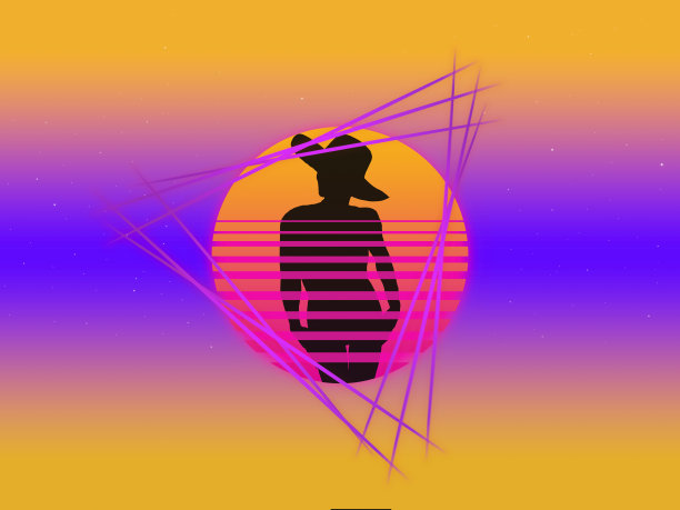 背景与傍晚的太阳和妇女的剪影在复古风格的霓虹天空与星星图片下载