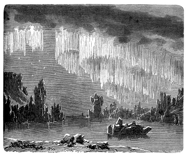 夜晚北极海上美丽的极地光景。极地光或极光是地球磁层中显示的自然光，受到太阳风的干扰，发出不同颜色和形状的光。图片下载