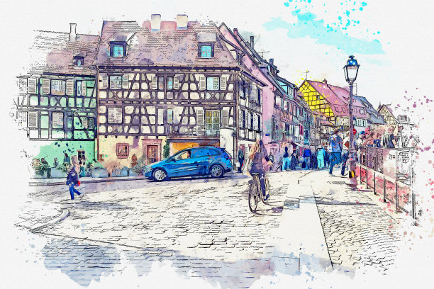 法国阿尔萨斯美丽的科尔马村水彩画街景。图片下载