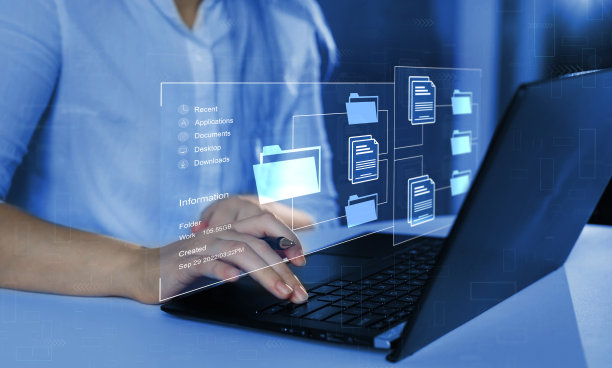 文档管理系统。自动化软件存档和有效地管理和信息文件。信息技术顾问(IT)在笔记本电脑上工作。图片下载