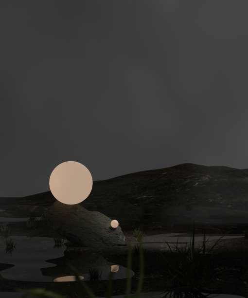 带有发光球体的科幻超现实梦幻景观。3d渲染，3d插图。图片下载