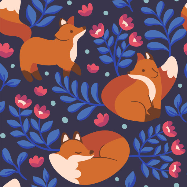 矢量无缝模式与狐狸和植物元素。图片下载