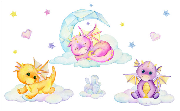 龙、云,晶体。水彩画剪贴画，卡通风格，在一个孤立的背景上。图片下载