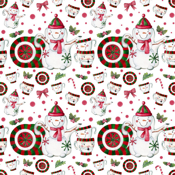 水彩无缝圣诞图案餐具，茶壶，杯子，冷杉枝，浆果，糖果和冬青图片下载