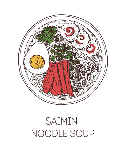Saimin面汤，夏威夷美食。手绘矢量插图。素描风格。前视图。的矢量插图。图片下载