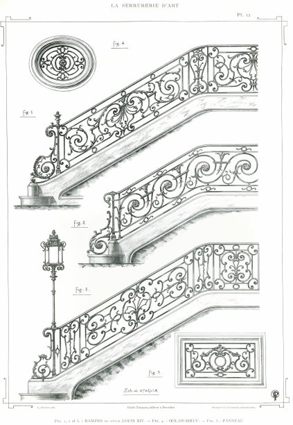楼梯栏杆，路易十四风格，牛眼窗和面板(5种设计)，1890 Ironwork Art。图片下载