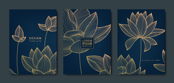 矢量日本莲花，花卉图案。复古风格的花朵金色元素模板。豪华黑线封面，传单，小册子，包装设计，社交媒体帖子，横幅。图片下载