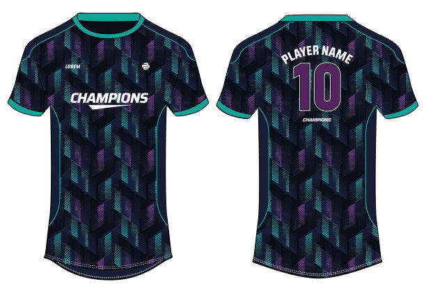 运动球衣设计平面素描插画，半色调抽象印刷圆领足球球衣概念与正面和背面视图板球，足球，排球和羽毛球制服套件图片下载