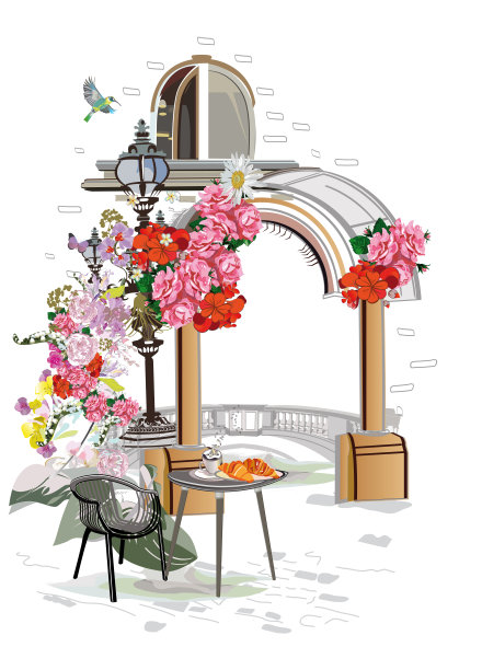 以鲜花、老城区景色和街头咖啡馆装饰的系列背景。图片下载