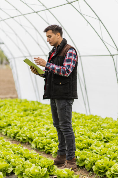 年轻的农民用现代技术检查他的作物图片下载
