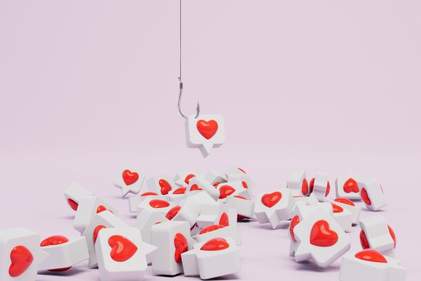 坠入爱河的概念。在其他扣子旁边的铁钩上有心形的扣子。三维渲染图片下载