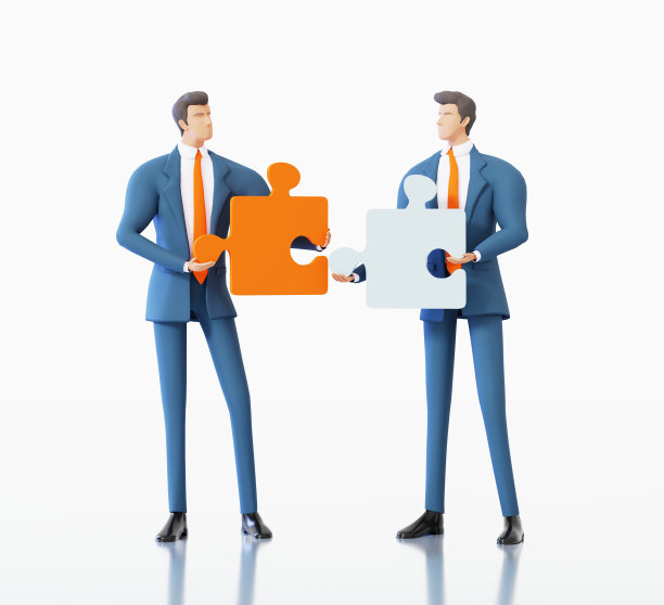 成功的商业人士与拼图一起工作。寻找解决方案，一起工作，支持，创新思维。3 d渲染图图片下载