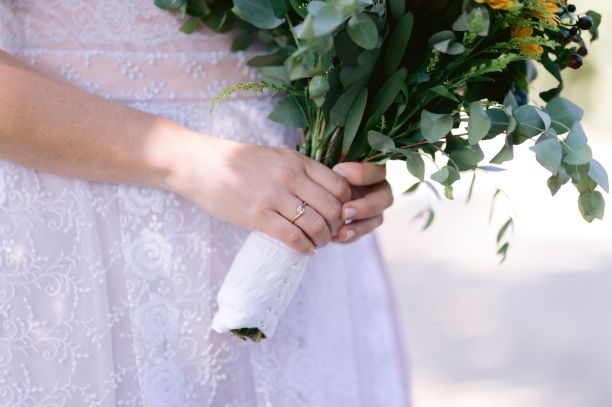 特写新娘在她的婚礼上的手与一枚金钻石婚戒和花束图片下载