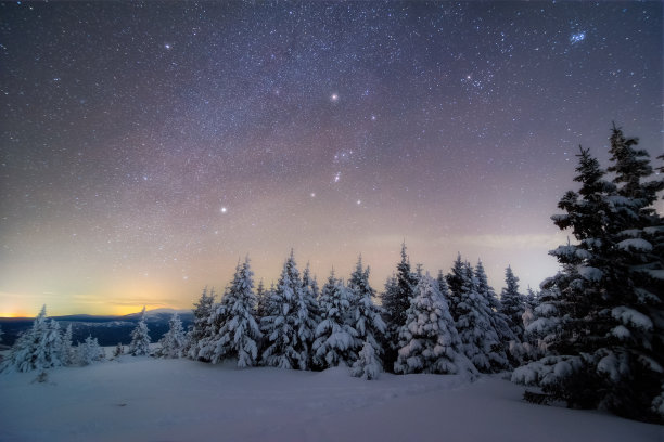 银河和无数的星星在白雪覆盖的高山高原树木上方图片下载