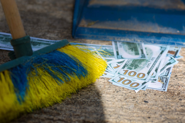 地上的美元用勺子里的刷子收集起来。打击黑钱的概念图片下载