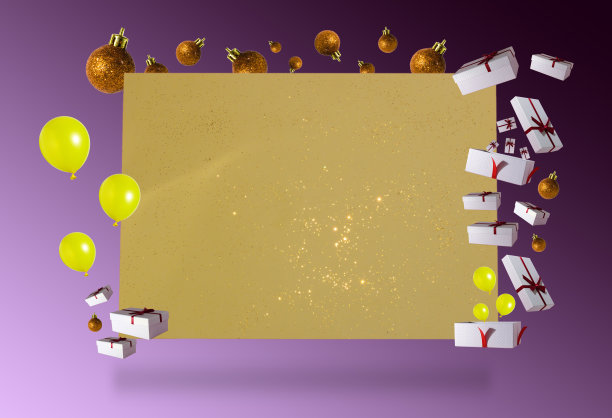 假期复制空间卡，黄金卡周围的礼物，气球和装饰品，假期概念图片下载