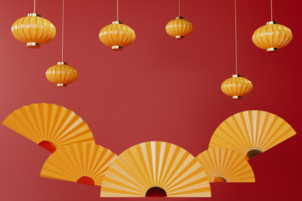 中国新年作文与黄色灯笼和扇子3d渲染。图片下载