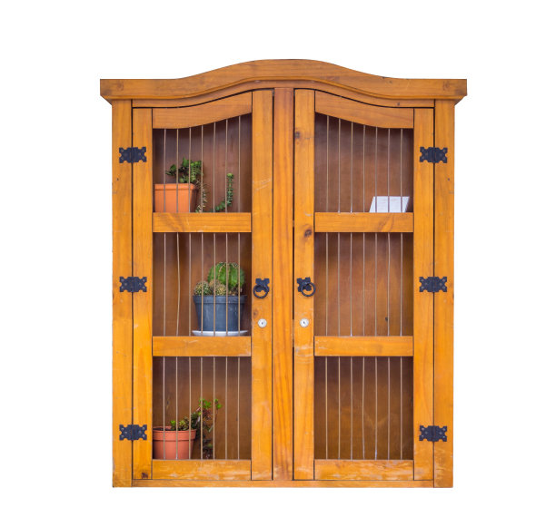 木制的中国橱柜，里面的花盆孤立在白色的背景上图片下载