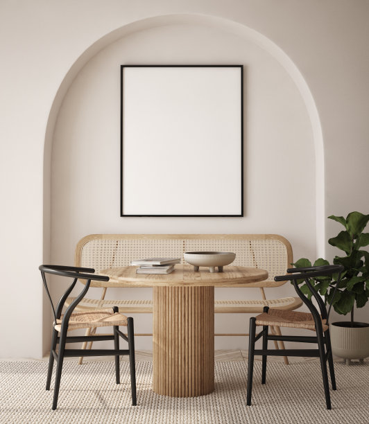 模拟海报框架在现代室内背景，室内空间，客厅，当代风格，3D渲染，3D插画图片下载