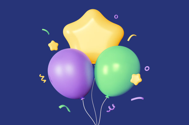 3d气球紫色，绿色和星黄色的颜色。生日，派对和新年。三维渲染图片下载