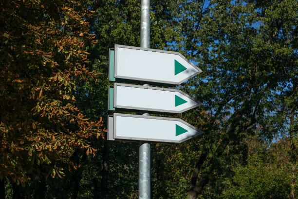 公园里的街道箭头标志。金属杆。阳光明媚的一天。文本的空闲空间图片下载