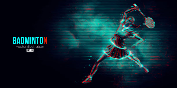 抽象轮廓的羽毛球运动员在黑色背景。女羽毛球运动员在打羽毛球。矢量图图片下载