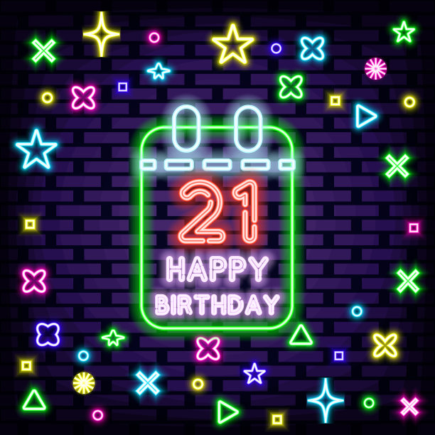 21岁生日快乐21岁霓虹招牌。明亮的招牌。晚上advensing。图片下载